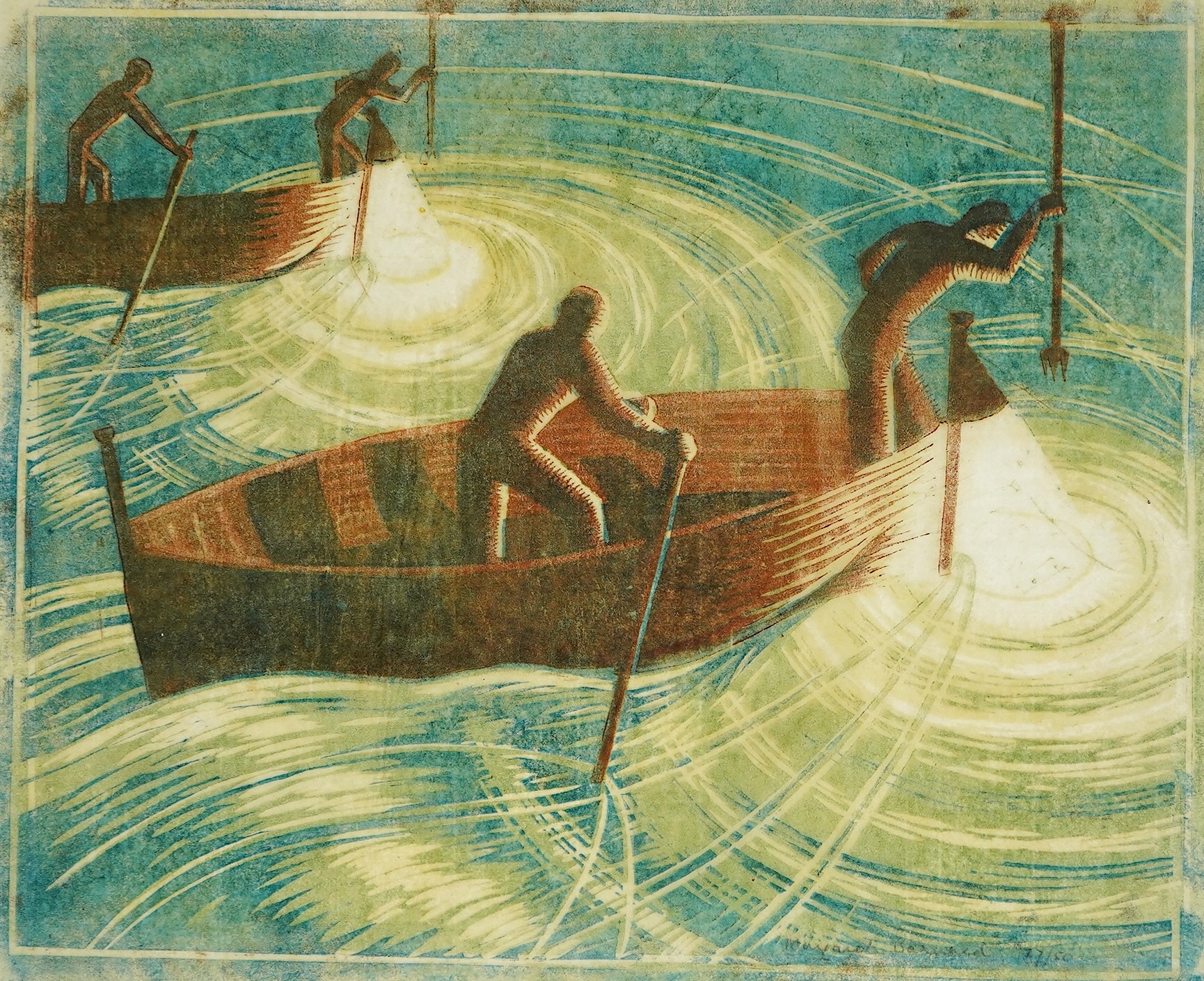 Margaret Helen Barnard (British, 1900-1992), Night Fishing, linoleum cut printed in colours on tissue-thin oriental laid paper, 22 x 27cm